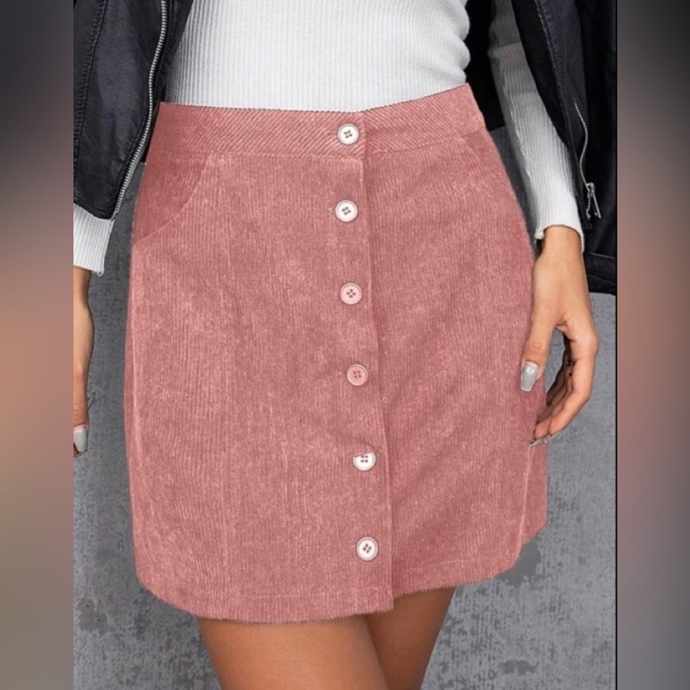Women’s Dusty Pink Solid Button Through Corduroy Skirt.